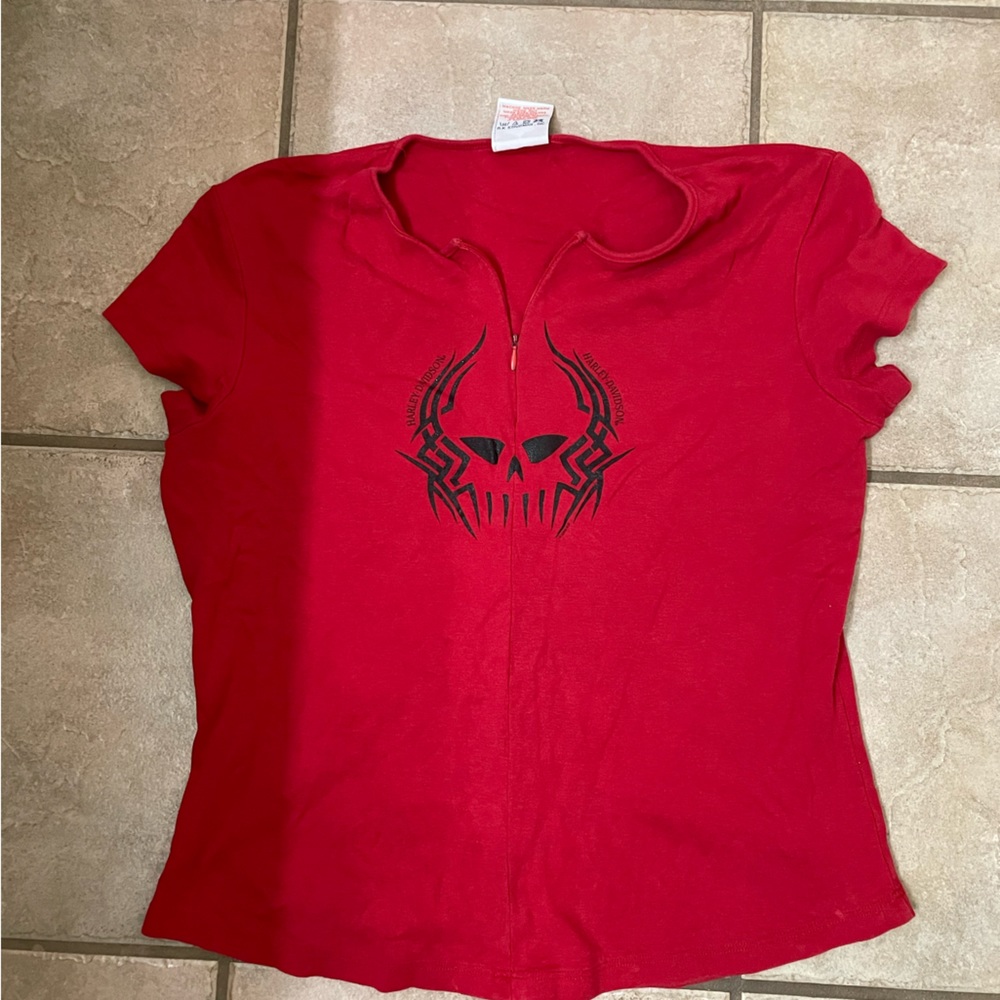 Vintage Harley Davidson, women’s red half zip short sleeve top